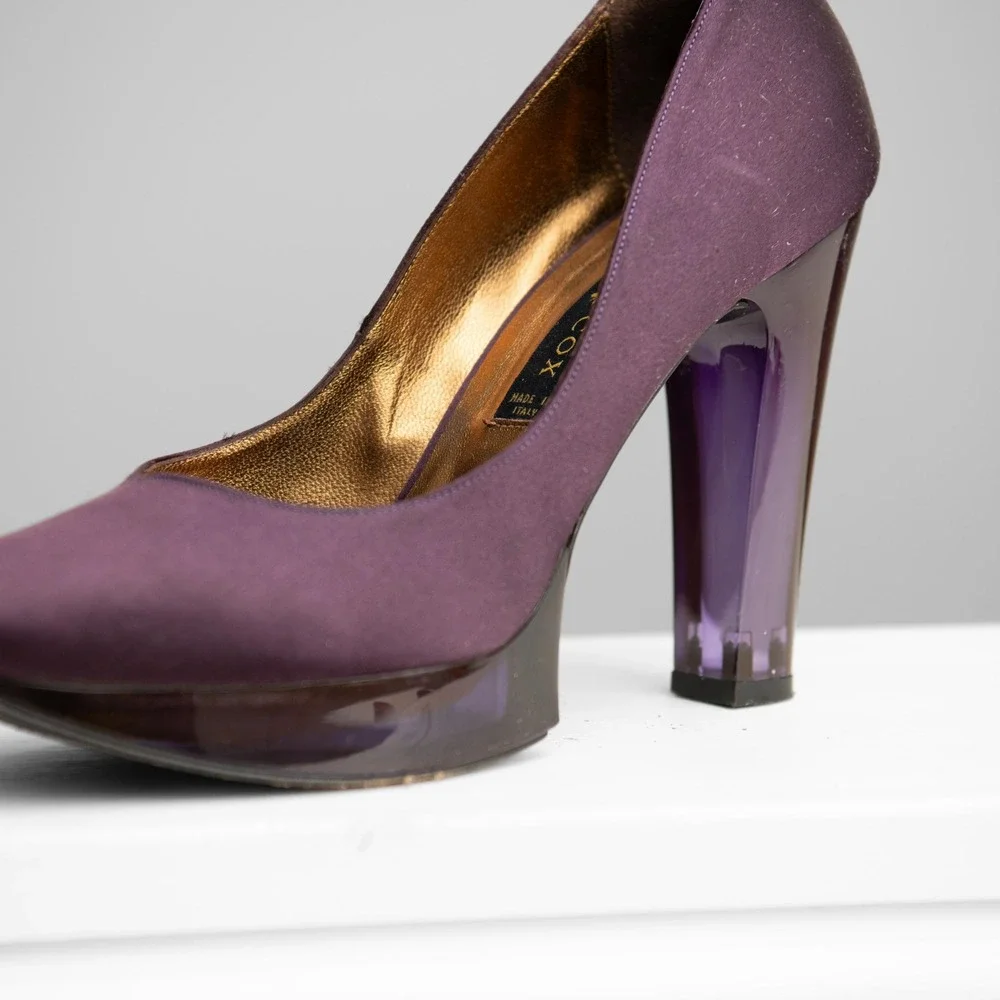 Patrick Cox Purple Platform Block Heels Sz 8.5 Glam Y2K 90s Chic Runway Mod Gala